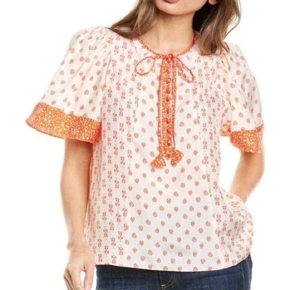 ✨NWT✨ REBECCA TAYLOR Silk Top Lily Block Print Blouse in Tomato Sz US 2 (XS) - Picture 7 of 12